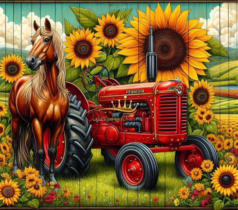 Červený traktor/ velur/ cca 49x49 cm