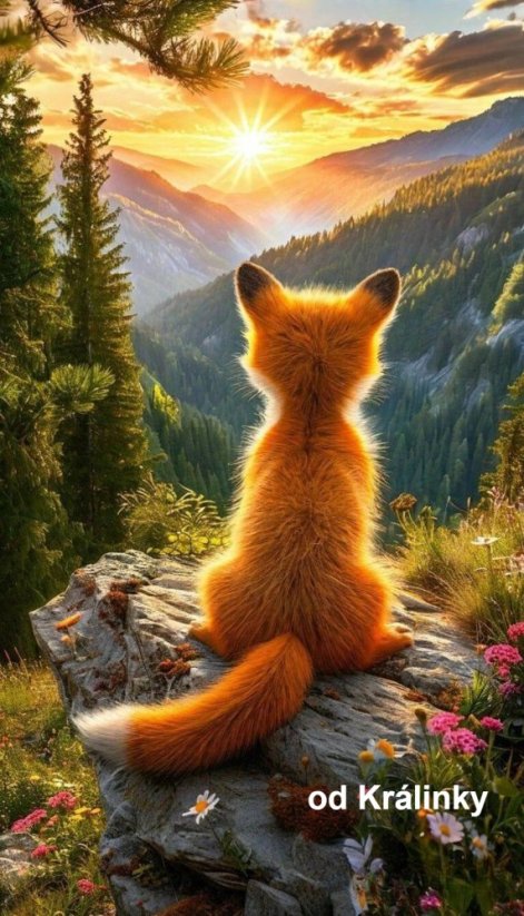 Liška na kameni / velur/ cca 40x49 cm