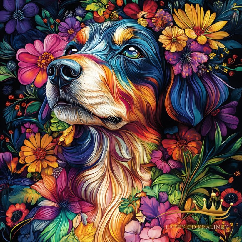 Labrador v květině/ velur/ cca 49x49 cm